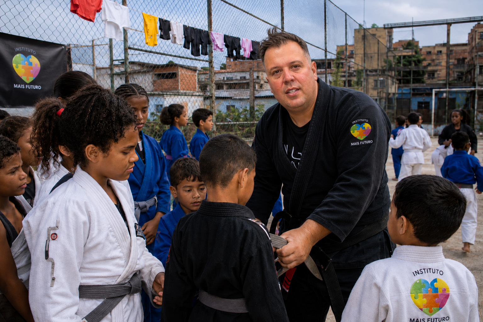 Carlos Cruz com crianças no jiu-jitsu