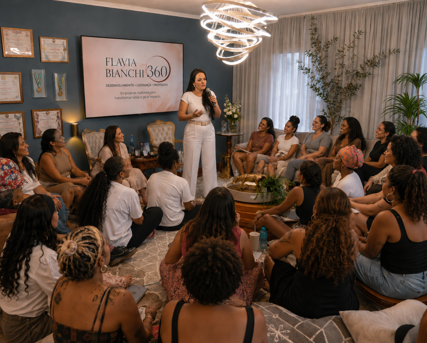 Flávia Bianchi palestrando para mulheres em encontro do Instituto Mais Futuro
