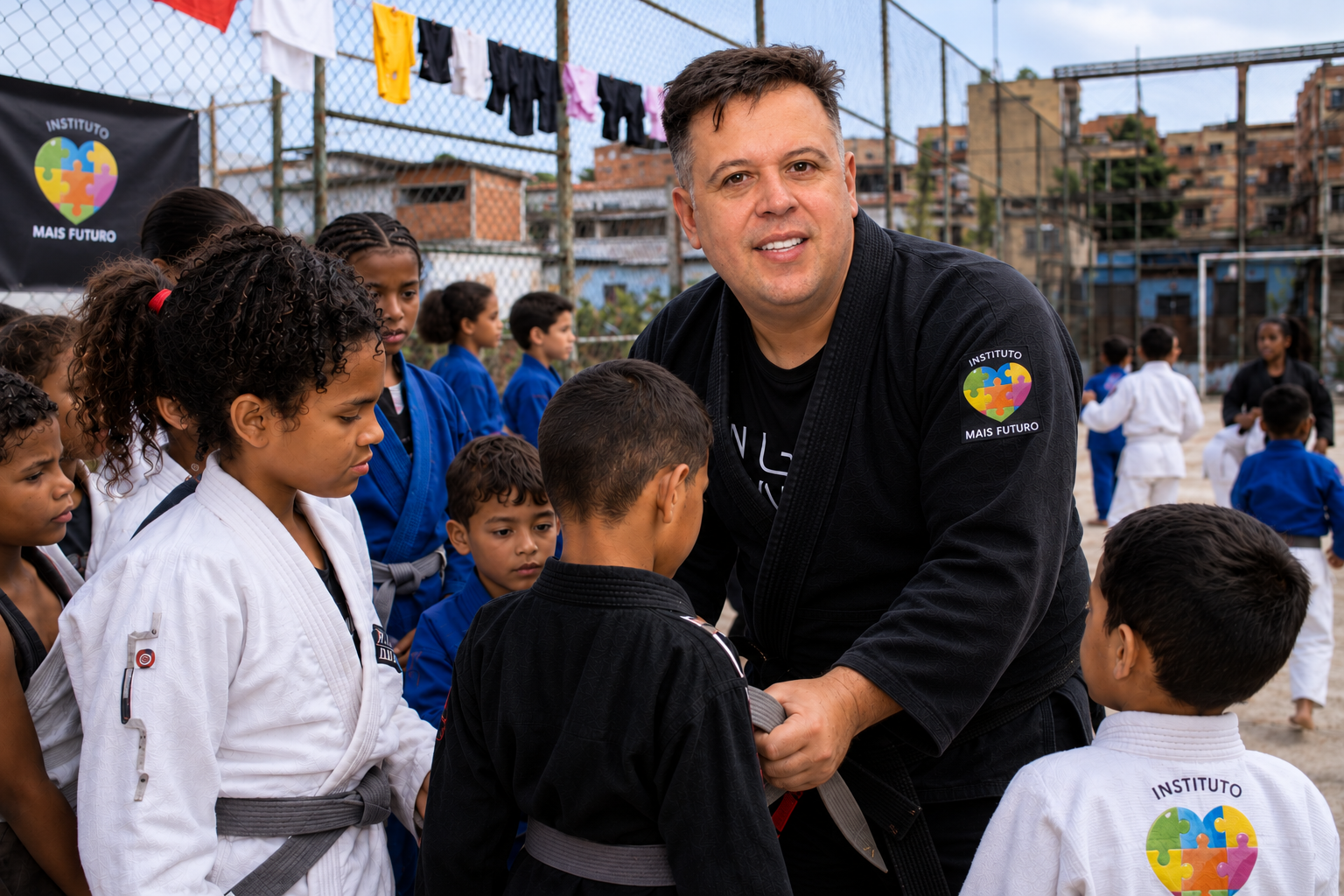 Carlos Cruz com crianças no jiu-jitsu