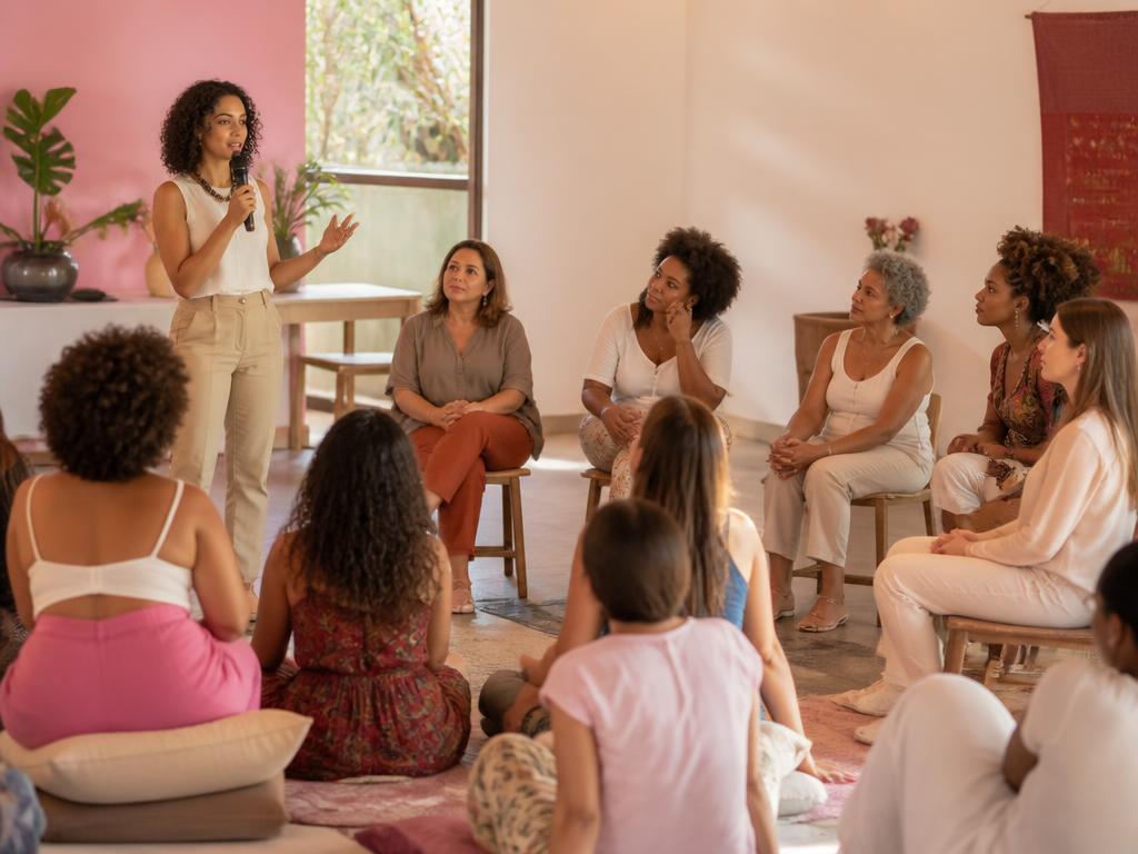 Mulher palestrando para grupo de mulheres em encontro comunitário do Instituto Mais Futuro